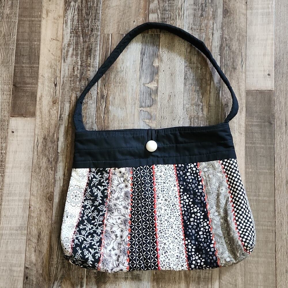 Handmade Quilted Black White Red Shoulder Purse Bag Floral Butterfly Embroidered